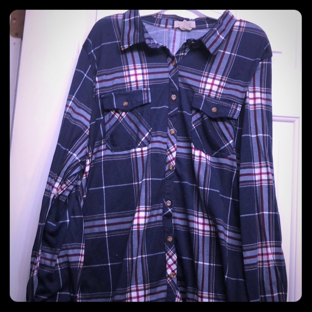 Navy blue plaid long sleeve shirt